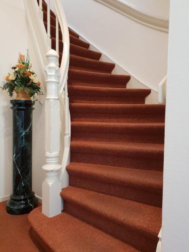 a staircase with brown carpet and a white stair case at Boetiek Hotel Marum in Marum