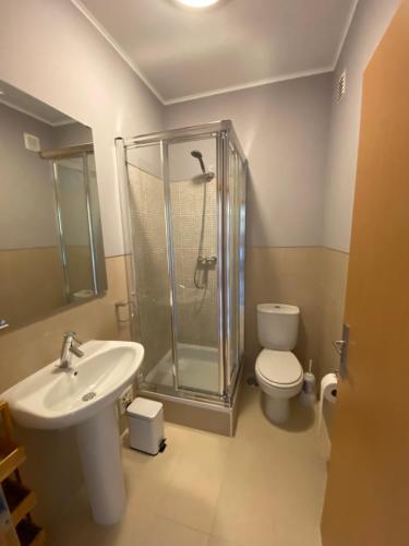 een badkamer met een douche, een wastafel en een toilet bij Apartamento T2 com piscina em Conceição e Cabanas de Tavira in Tavira