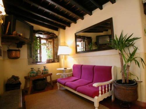 a purple couch in a living room with a plant at Hostería La Antigua in Potes