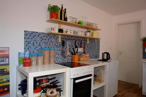 a kitchen with pots and pans on the counter at Lotte - The Backpackers in Heidelberg