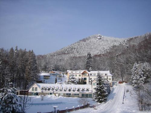 a building in the snow with a mountain in the background at Horský hotel Remata in Ráztočno