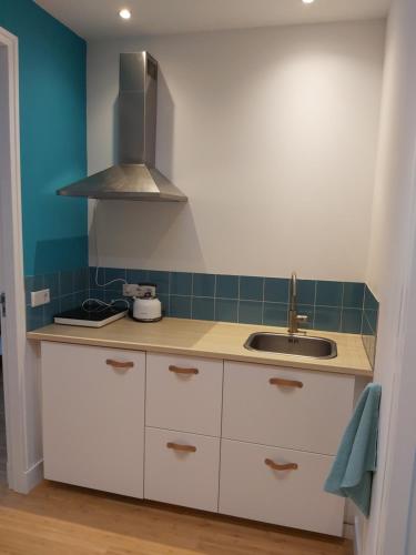 a kitchen with white cabinets and a sink at Luxury Suites Oosterwold in Almere