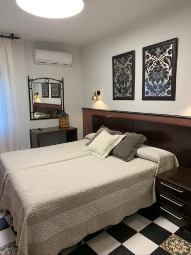 a bedroom with a large bed and a mirror at Hostal El Lechuguero in Cascante