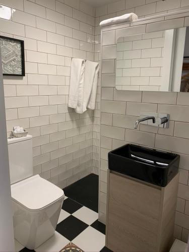 a bathroom with a toilet and a sink at Hostal El Lechuguero in Cascante