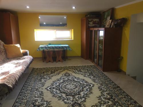 una sala de estar con un sofá y una alfombra en Хостел Мансардная комната с невысоким потолком до 170 см, en Truskavets