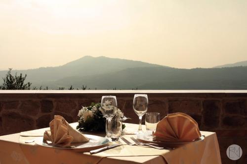 a table with two wine glasses and a table with a view at Locanda Viridarium in Arqua Petrarca