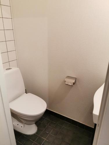 La salle de bains est pourvue de toilettes et d'un rouleau de papier toilette. dans l'établissement IzKaMaGe Hotel 2, à Västerås