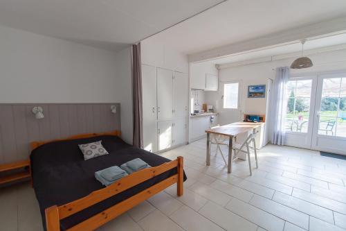 1 Schlafzimmer mit einem Bett, einer Küche und einem Tisch in der Unterkunft Mas Paret Gîte Massane in Argelès-sur-Mer
