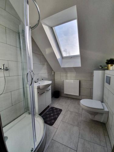 a bathroom with a shower toilet and a skylight at Dom Wczasowy u Marci in Tymień