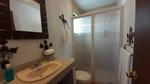 a bathroom with a sink and a shower and a toilet at Villas Amalur in Tequisquiapan