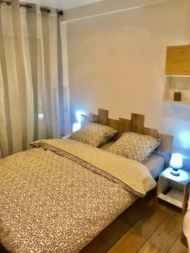 - deux lits jumeaux dans une chambre éclairée dans l'établissement Le petit nid de chessy, à Chessy