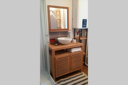 ein Bad mit einem Waschbecken und einem Spiegel in der Unterkunft Charming old style in Honfleur