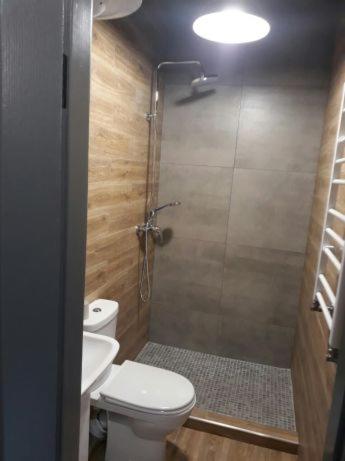 een badkamer met een douche, een toilet en een wastafel bij ОДНОКОМНАТНЫЙ ЛОФТ НА 26 ЭТАЖЕ in Odessa