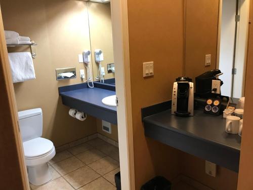 a bathroom with a toilet and a sink and a toilet istg at Beach Gardens Resort and Marina in Powell River