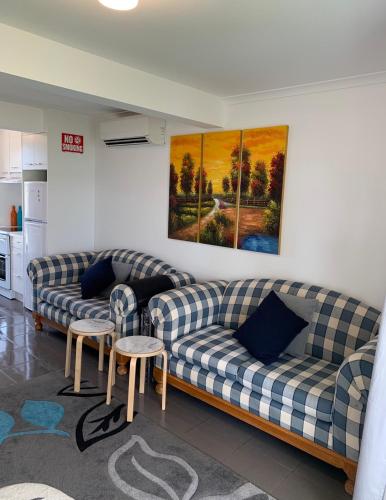 a living room with two couches and a painting on the wall at Relax On Bingham in Goolwa