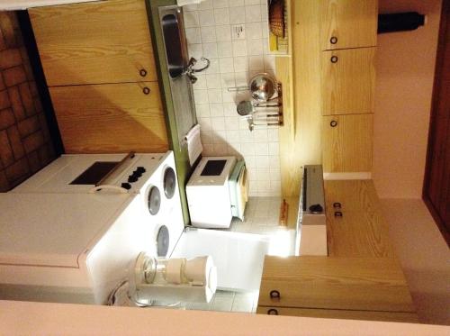 a small kitchen with a stove and a refrigerator at Haus Pock Apartments in Lake Pressegg