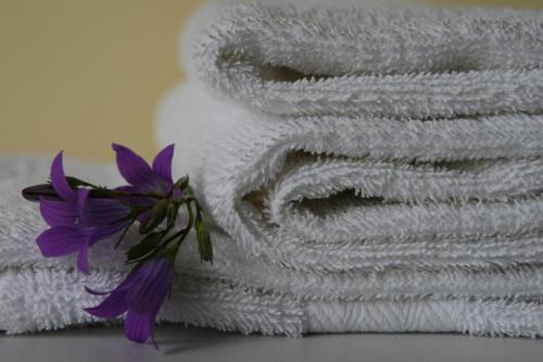 a pile of towels with a purple flower on top at Hotel Audenis in Birštonas