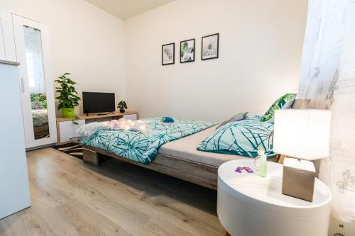 1 dormitorio con 1 cama y TV en Apartments Křenová Brno-center en Brno