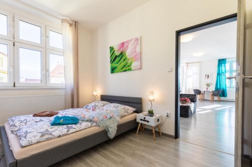 a bedroom with a bed and a mirror at APARTIA Skořepka 15, Brno-center in Brno