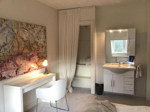 een kleine badkamer met een wastafel en een spiegel bij Brandy’s in Den Haag