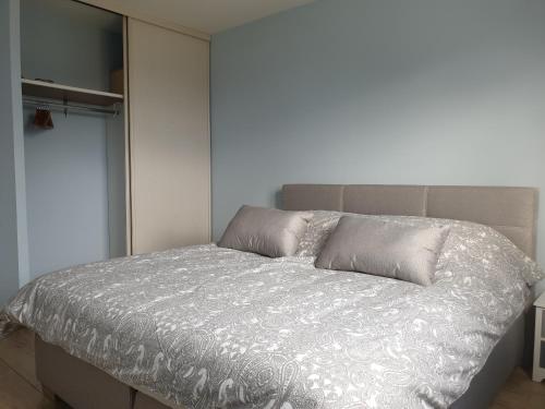 a bedroom with a bed with a silver comforter at Maison villa de charme in Saasenheim