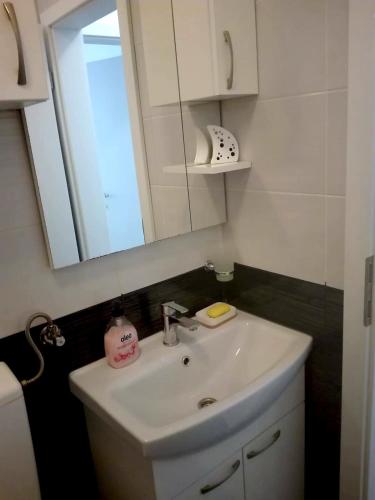a bathroom with a white sink and a mirror at Dalmatino - apartment 6 in Sutivan