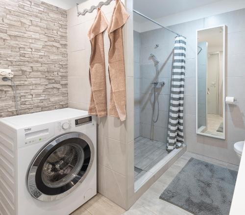 a bathroom with a washing machine and a shower at Holiday Home Casa Salina in Sečovlje