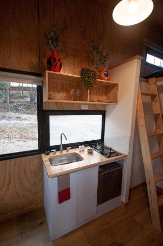 a kitchen with a sink and a window in a tiny house at El Bosque de Paipa in Paipa