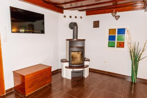 a wood stove in a room with a wooden floor at Ferienhaus Höllberg in Hörmsdorf