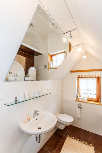 a bathroom with a sink and a toilet at Ferienhaus Höllberg in Hörmsdorf