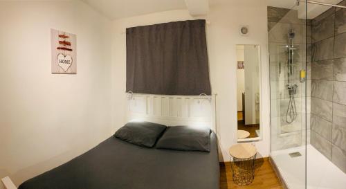 une petite chambre avec un lit et une douche dans l'établissement MAZZARIN STUDIO, à Aix-en-Provence
