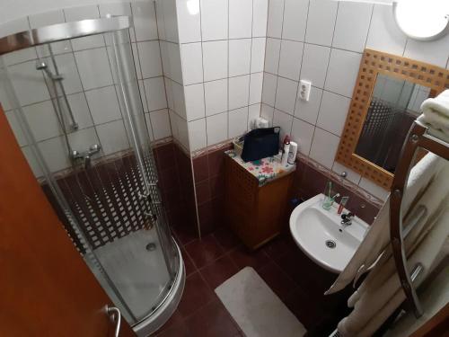 an overhead view of a bathroom with a shower and a sink at Napsugár Lux Apartman - zárt balkonnal in Hajdúszoboszló