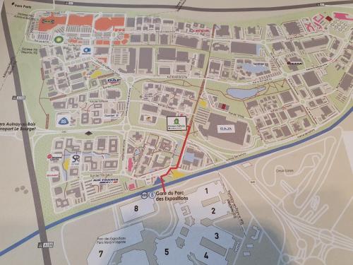 a map of a city with a red line at Greenhotels Roissy Parc des Expositions in Tremblay En France