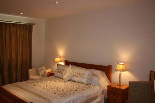 1 dormitorio con 1 cama con 2 lámparas y una ventana en Torlands en Monmouth