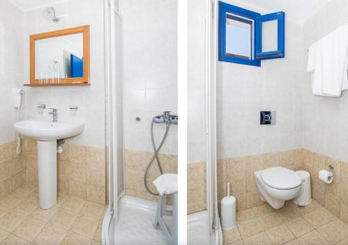 two pictures of a bathroom with a sink and a toilet at Rodakas Hotel in Akrotiri