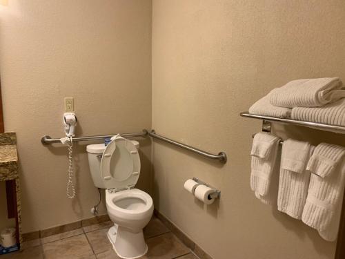 a bathroom with a toilet with a phone on the wall at Candlewood Suites Jonesboro by IHG in Jonesboro