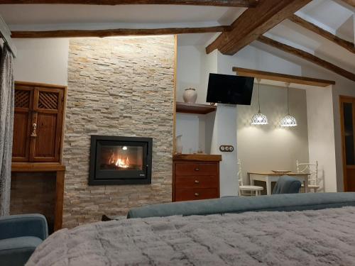 a bedroom with a fireplace and a bed and a tv at El Rincon de Carmen in Rute