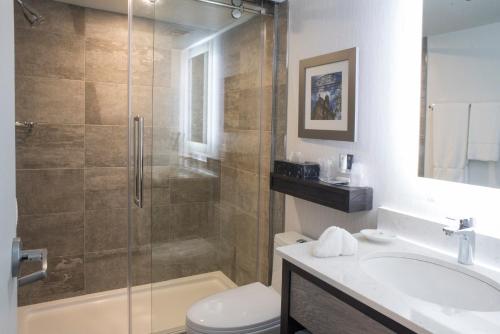 a bathroom with a shower and a toilet and a sink at Crowne Plaza Fredericton Lord Beaverbrook by IHG in Fredericton