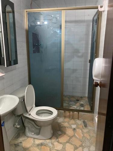 a bathroom with a shower and a toilet and a sink at Hotel Don Olivo in Bogotá