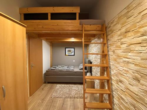 ein Schlafzimmer mit einem Etagenbett und einer Leiter in der Unterkunft Reiger Ferienwohnungen in Wackersdorf