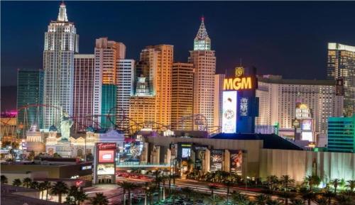a night view of a city with many tall buildings at Bposhtels Las Vegas in Las Vegas