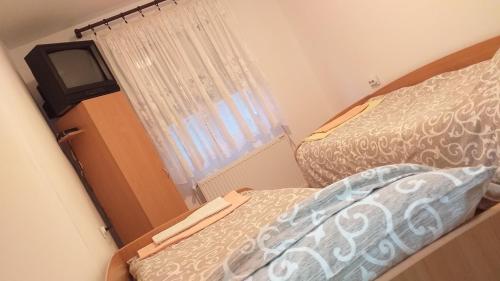 a small bedroom with two beds and a window at Guest House Vila Banjica in Pirot
