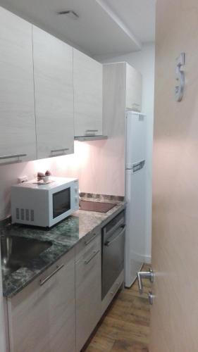 a kitchen with white cabinets and a microwave at Apartamentos Turísticos Los Picos in Liérganes