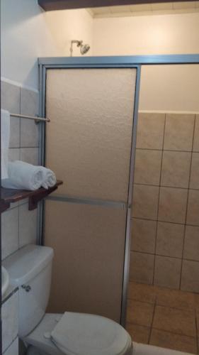 a bathroom with a shower with a toilet at Hotel Las Colinas in Fortuna