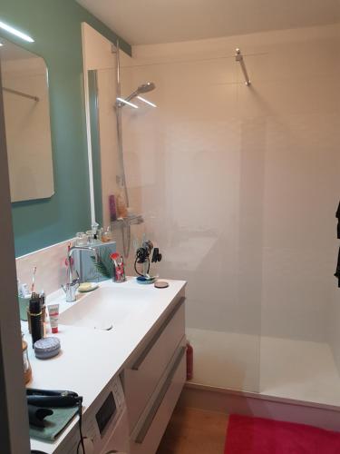 Un baño con lavabo blanco y ducha. en Face mer Tyra, en La Baule