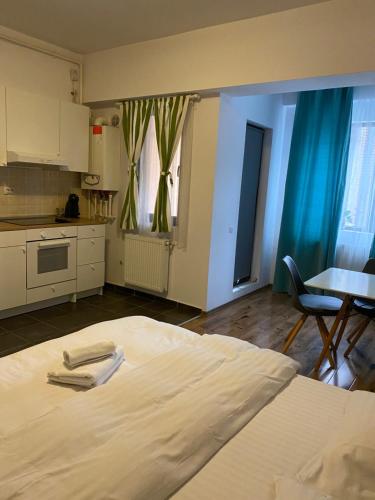 ブカレストにあるAlba Iulia Residence Studioのベッドルーム1室(ベッド1台、テーブル付)、キッチン