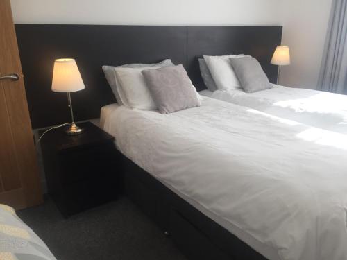 a hotel room with two beds and a lamp at Cloverlea Cottages in Bristol