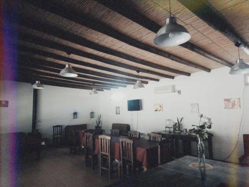 - une salle à manger avec une table, des chaises et des lumières dans l'établissement Agua Negra, à Las Flores