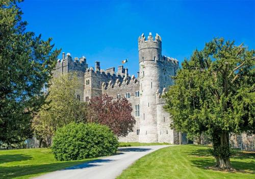 a castle with a tree in front of it at The Lodges at Kilkea Castle in Kilkea