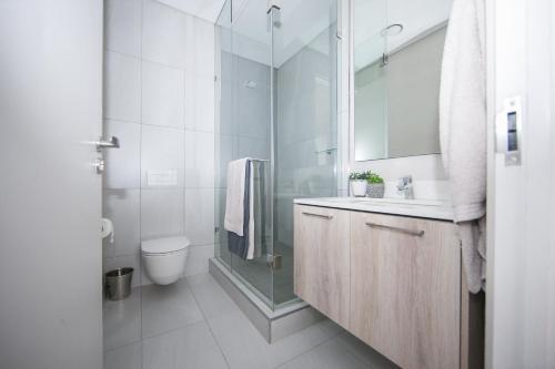 a bathroom with a shower and a sink and a toilet at Ace Location walk to Sun Arena & Menlyn CBD WiFi Self Catering in Pretoria
